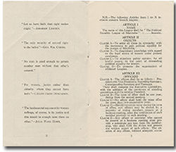 Page 2 and page 3 of The Political Equality League of Manitoba 1914 Constitution booklet. Page 3 outlines the objectives of the League.