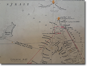 close up of map of Northern tip of Labrador and Ungava Bay