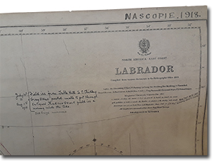 close up of top of map of Labrador, with handwritten note “July 30th to Aug. 1st 1918 { Field ice from Table Hill to C. Childey Gray Strait packed. Unable to get through. Entrance Hudson Strait field ice and moving with the tide. Icebergs numerous.”